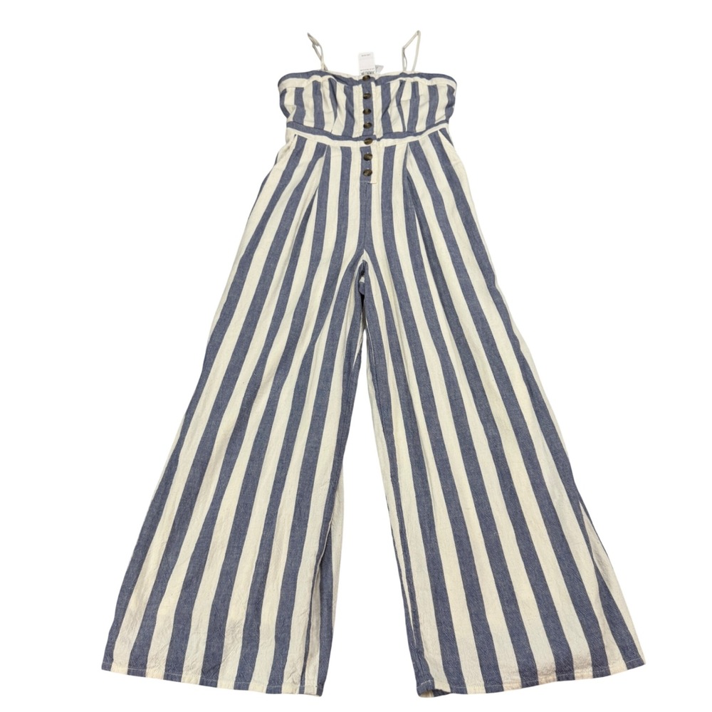 American Eagle Striped Wide Leg‎ Jumpsuit Blue White Linen Blend XS MSRP $49